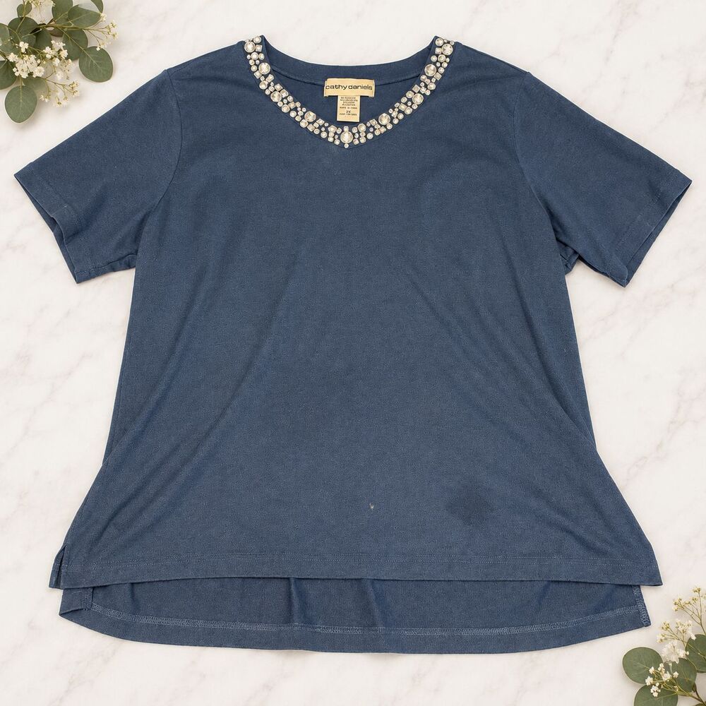 Cathy Daniels Womens 2X Blue Rhinestone Embellished Hi Low Short Sleeve Top